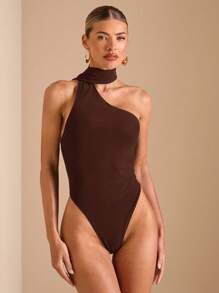 SHEIN BAE 纯黑色优雅斜领紧身褶皱网眼女式紧身衣、度假紧身衣、音乐节服装、极简紧身衣