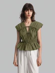 Ontre Áo cánh rút dây màu xanh ô liu thường ngày dành cho nữ, trang phục đơn giản mặc hàng ngày mùa xuân, ngày lễ tình nhân, áo thun trở lại trường có dây đeo mỏng - xanh quân đội - Xem 5