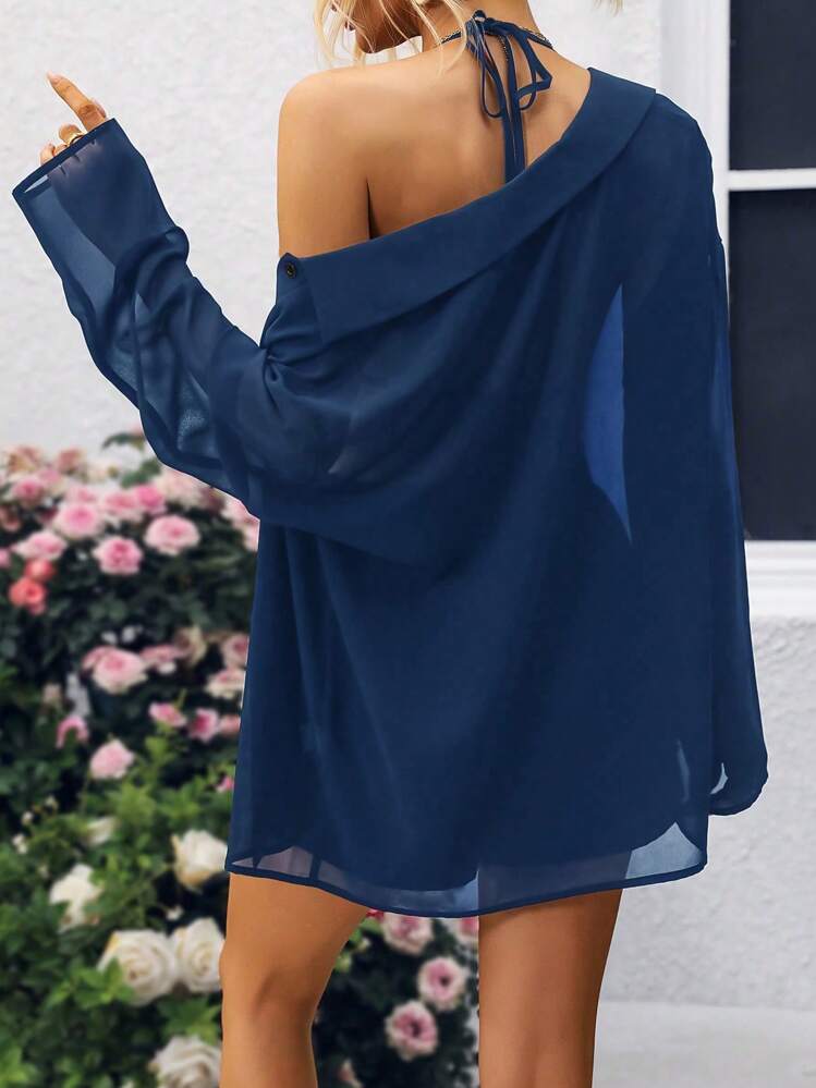 SHEIN PETITE 3 件套雪纺长袖衬衫、透明比基尼短裤、休闲春夏海滩度假装 - 藏蓝色 - 查看 2