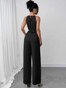 Firerie Women's Solid Color Waist Crisscross Wide Leg Jumpsuit - Black - View 5