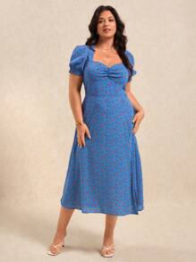 Elaquor Plus Ditsy Floral Print Ruched Bust Split Thigh Dress