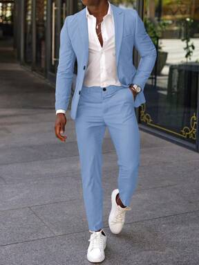 Manfinity Mode Men's Solid Color Pocket Casual Business Long Sleeve Suit Jacket & Pants Set Men Casual Suits Men Casual Suit Mens Casual Suit Mens Spring Outfits Mens Suit And Pants
