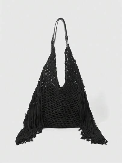 Grunge Punk 1pc Women's Handmade Woven Tassel Shoulder Bag
