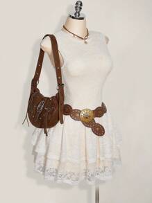 SHEIN ICON 加大码无袖圆领修身分层蕾丝蛋糕裙，波西米亚风，波西米亚时尚，Y2K风格 - 白色 - 查看 6