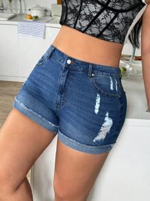SHEIN MOD Quần short denim bó có túi rách rách cỡ lớn cho nữ - Rửa tối - Xem 7