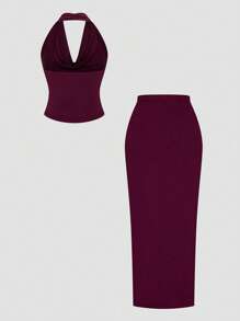 SHEIN MOOSTA Bộ đồ nữ thành thị gợi cảm lãng mạn không tay hở lưng cổ xếp ly + váy maxi xẻ cao màu đỏ rượu vang - Màu Đỏ Sâu - Xem 2