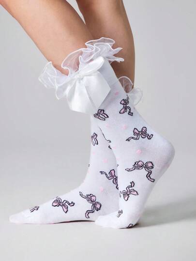 Kawaii Calze da donna a mezza gamba con fiocco, contrasto di rete e volant