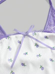 ROMWE Kawaii Camiseta sin tirantes con estampado floral diminuto y encaje con lazo frontal, diseño lindo y veraniego para mujeres
