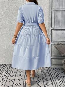 SHEIN PETITE Elegant Striped Print Short Sleeve Long Dress For Plus Size Women Summer Women Clothes  Curve Plus   Vacation Women Clothes   Shein Curve - Blue and White - View 2