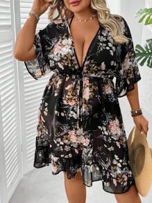 SHEIN CURVE+ Plus Floral Print Tie Front Ruffle Hem Cover Up Without Bikini Set Summer Beach Outfits For Woman/Beach Dress/Beach Vacation Outfits/Beach Essentials / Graduation/Tea Party Dress Summer/Country/Beach Vacation Outfits/Beach Outfits/Beach Wear/Women Summer Clothes Curve Summer Dress Plus Size Summer Dresses Curve Summer Outfits Plus Size Floral Dress Summer Dress For Curves, Country Concert Outfit - Multicolor - View 5