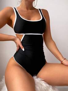Swim SPRTY Summer Beach Cut-Out Contrast Binding One Piece Swimsuit - Black - View 6
