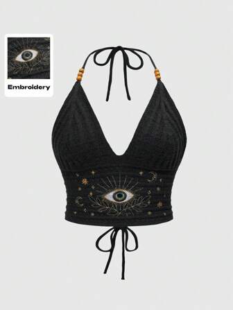Plus Size Women Boho Hippie Vacation Black Halter Knit Beaded Detail Tops With Moon & Star Embroidery, Versatile Summer