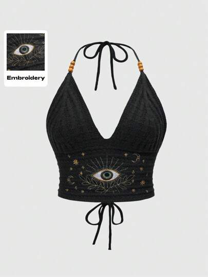 Plus Size Women Boho Hippie Vacation Black Halter Knit Beaded Detail Tops With Moon & Star Embroidery, Versatile Summer