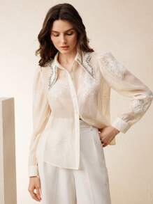 Women's Elegant Rhinestone Embroidered Floral Collar Blouse - White - View 2