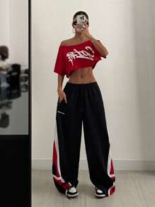 Coolane WOMEN Streetwear Going Out Sport Casual Graphic Off Shoulder Slouchy Cropped Red Tee - Red - View 4