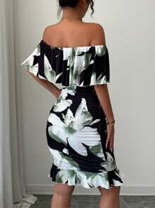 Selianne Tropical Print Off Shoulder Ruffle Trim Ruched Bodycon Dress Vacation Beach Outfits Women - Multicolor - View 2