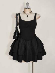 SHEIN ICON Icon Plus Size 女式无袖方领双层蛋糕裙，适合毕业季、返校季和暑假