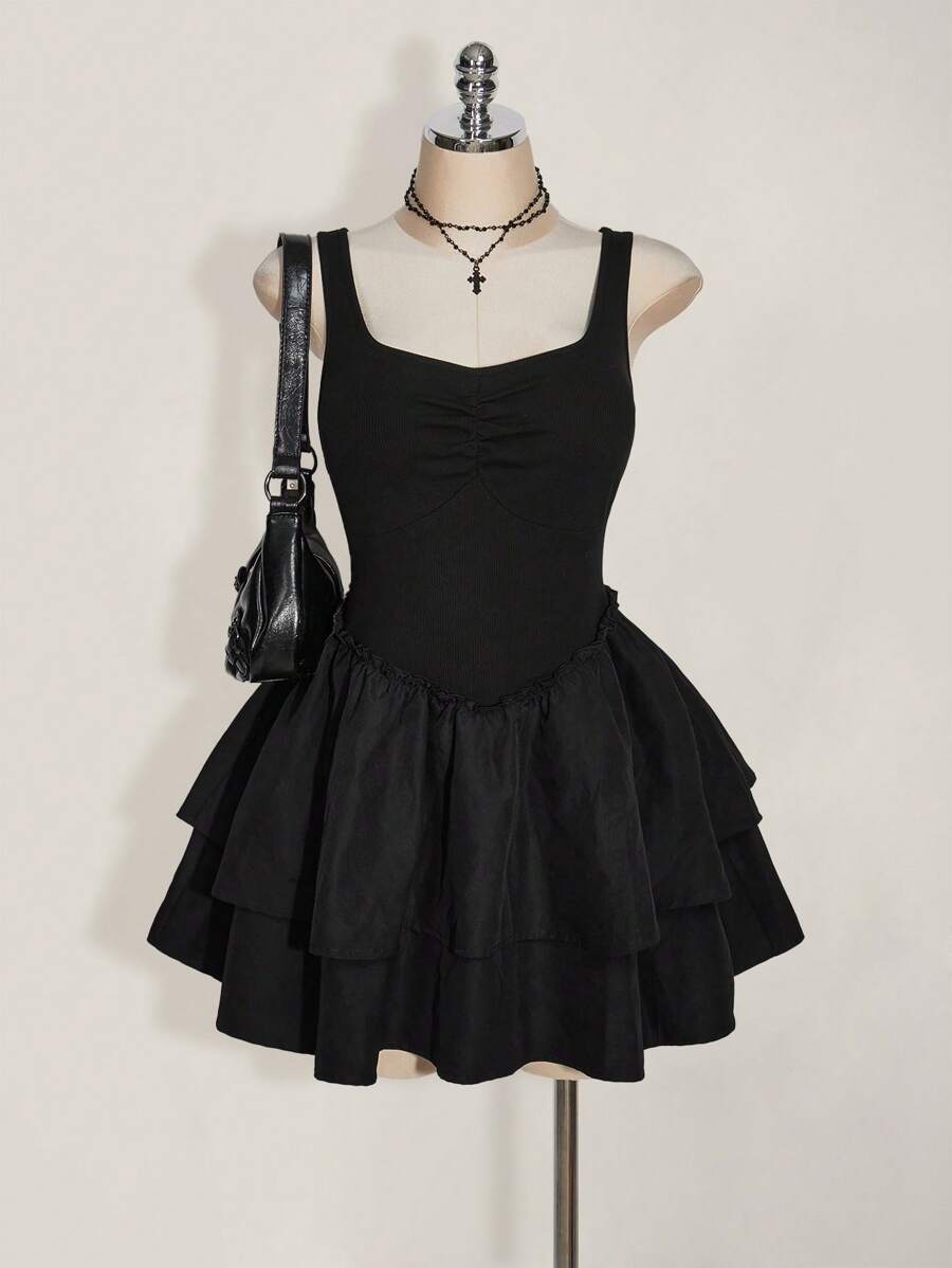 SHEIN ICON Icon Plus Size 女式无袖方领双层蛋糕裙，适合毕业季、返校季和暑假