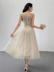 Elegantes Sommerkleid für Frauen mit rundem Ausschnitt, ärmelos, Midi-Länge, mit Pailletten-Dekor, Kleidung für den Schulanfang
