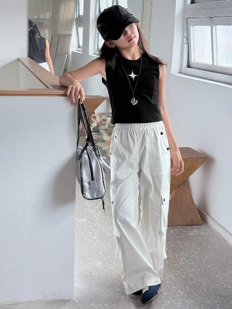 Girls 2 Pieces Set: Black Sleeveless T-Shirt & High Waist White Loose Straight-Leg Pants, Summer