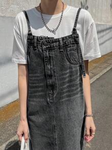 FRIFUL 女士直筒牛仔背带裙 - 深灰色 - 查看 5