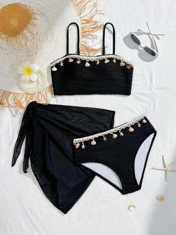 SHEIN Tween Girl Summer Beach Vacation Style Shell & Starfish Pattern Braided Bandeau Bikini Set Summer Holiday