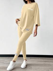 Mulvari 女士夏季休闲字母印花T恤和紧身裤两件套 - 卡其色 - 查看 7