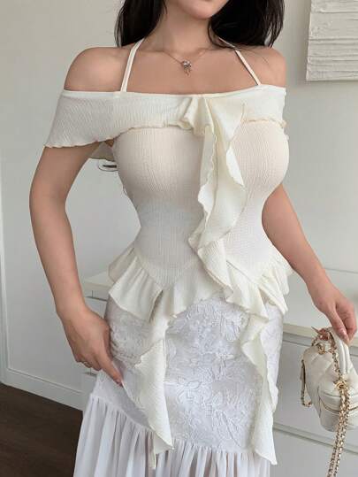 Modelyn Ruffle Strap Off Shoulder Floral 3D T-Shirt