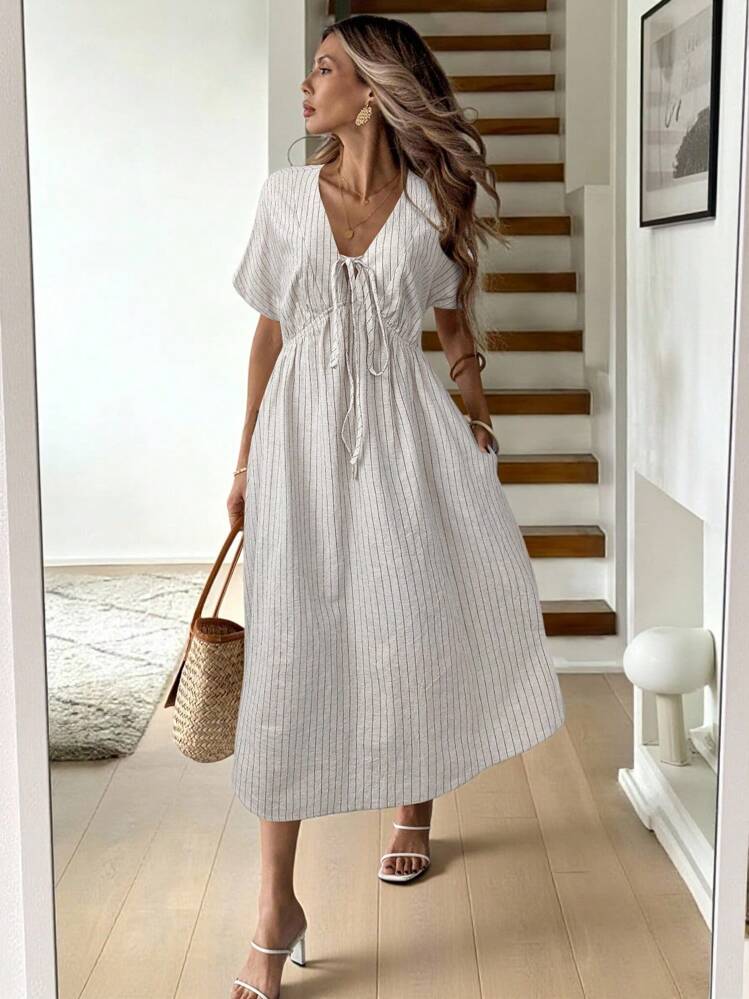 Easowa Apricot Color Casual Bow Decor Midi Dress For Women Modest Dresses For Women Casual Dress Summer Dresses For Women Vacation Dress - Apricot - View 1