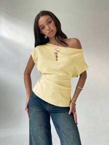 Aloruh 女式休闲纯色不对称褶领修身衬衫，夏季 - 黃色 - 查看 4