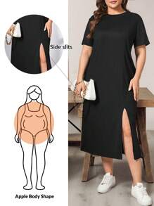 SHEIN Essnce Plus Size Women's Spring And Summer Fashion Casual Loose Comfortable Daily Basic Black Short-Sleeved Slit Mid-Length Dress,Summer Outfits For Women,Church Clothes Women,Old Money Style Women,Modest Dresses For Women