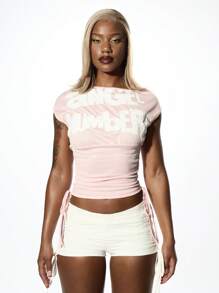 SUMWON WOMEN High Impact Graphic Statement Top Summer Workout Dance Studio Ruched Side Crop Exercise Activewear - Pink - View 7