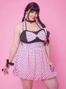 ROMWE Kawaii J-Fashion Shibuya Girl Y2K 波点印花蝴蝶结装饰吊带大码连衣裙 - 黑色 - 查看 4