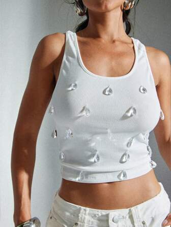 Denimoi Crystal Charm Scoop Neck Sleeveless Tank Top, Raindrop Stone Detail Tank Top, Crystal Raindrop Tank Top, Summer Tank Top Summer Outfits Vacation Outfits European Summer Fashionable