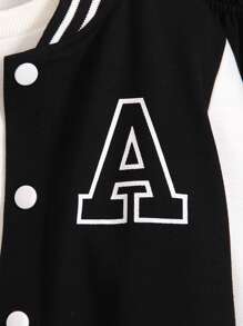 SHEIN Genkimix Kids 2pcs/Set Young Boys' Collegiate Style Outfit - Black Knit Top With White Sleeve Panels & Large Letter A Print, Paired With Matching Printed Sweatpants, Ribbed Collar, Cuffs And Hem, Elastic Waist For Comfort, Casual & Sporty Look Suitable For Spring/Autumn, Daily Wear, School, Travel, Holiday, Relaxation, Sunbathing, Summer - Black - View 5