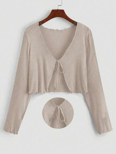 Franclia Plus Size Women Casual Comfortable Daily Wear Soft Ribbed Cardigan, Long Sleeve Apricot Top T-Shirt, Suitable For Commuting, Vacation & Holiday