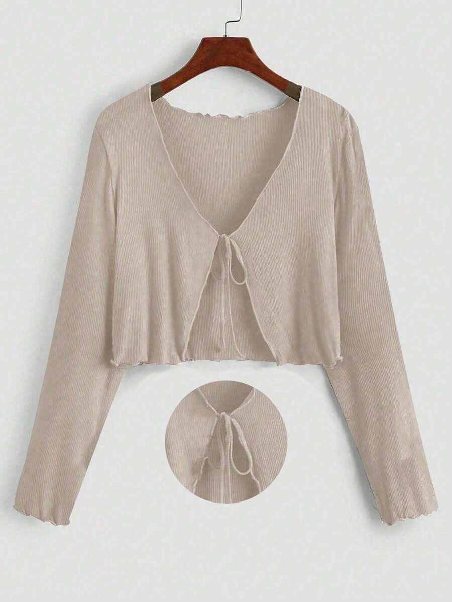 Franclia 大码女式休闲舒适日常穿着柔软罗纹开衫，长袖杏色T恤，适合通勤、度假和假日穿着 - 杏色 - 查看 1