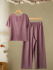 Linhara 2 件套大码女式花卉印花纹理短袖上衣和裤子休闲套装，春夏