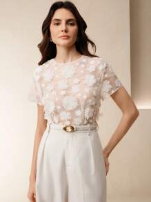Anewsta Women's Elegant Round Neck Short Sleeve Floral Mesh Hollow Blouse - White - View 1