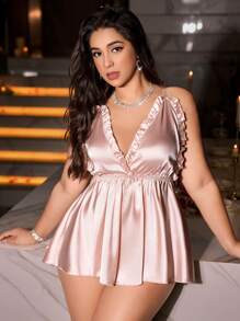 SilkySpell 1 peça Vestido Anágua Sexy Feminino Plus Size com Decote V Profundo e Babados, Macacão Elegante de Charmeuse Solto com Cinto na Cintura, Adequado para Uso Doméstico