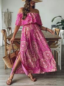 SHEIN VCAY Vestido largo de mujer talla grande con estampado retro en fucsia, hombros descubiertos, cintura con volantes y abertura lateral, vestido de playa para mujer, atuendos de vacaciones en la playa, atuendos de aeropuerto, atuendos de vacaciones de verano, estilo bohemio, ropa de mujer, atuendos para brunch, atuendos de vacaciones en la ciudad, ropa occidental para mujer, ropa de verano europea para vacaciones en la isla, atuendos de luna de miel, atuendos de Miami, atuendos de Saint-Tropez, atuendos de Tulum, atuendos de South Beach, atuendos de Santorini Grecia, atuendos de la de Amalfi, atuendos de Ibiza, chica de la isla con hombros descubiertos - Rosa Fucsia - Ver 1