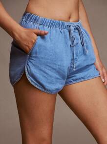 SHEIN Forever 21 Quần short denim cạp chun co giãn mùa hè mới cho nữ, quần short đi nghỉ thoải mái, cạp trễ - Rửa nhẹ - Xem 6