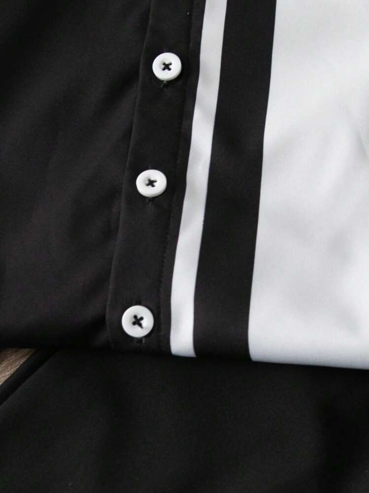 SHEIN 2 piezas Conjunto casual de verano: 1 pieza Camisa de manga corta con diseño de cuello minimalista, con bloqueo de color a rayas estampada, combinada con pantalones casuales sólidos marrones. Adecuado para uso diario, escuela, viajes y actividades de ocio en primavera/verano como escapadas, vacaciones, viajes, relajación y tomar el sol. - Negro - Añade 5