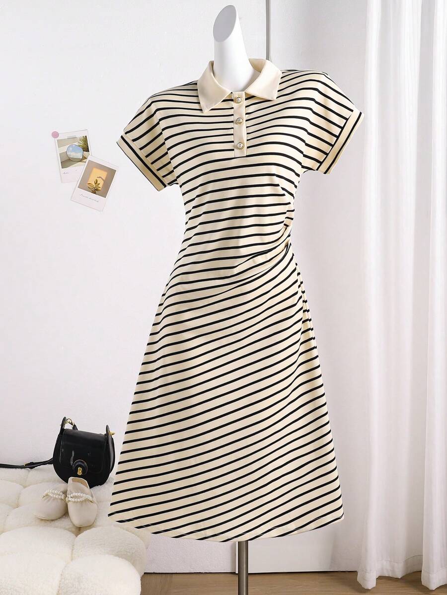 青少年女孩夏季休闲马球领短袖条纹连衣裙 - 彩色 - 查看 1