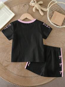 Conjunto informal de 2 piezas para niña, camiseta con estampado gráfico del número 07 y eslogan en contraste de color, y shorts