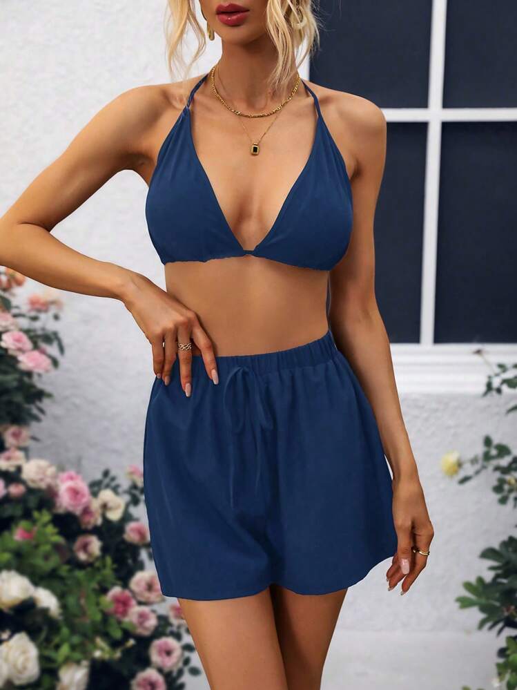 SHEIN PETITE 3 件套雪纺长袖衬衫、透明比基尼短裤、休闲春夏海滩度假装 - 藏蓝色 - 查看 7