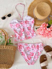 Teen Girls Floral Print Halter Neck Bikini Sets For Beach Vacation - Pink - View 2