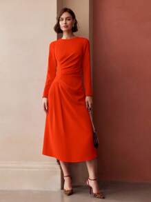 MOTF PREMIUM WOMEN SOLID RUCHED WAIST ZIPPER BACK DRESS