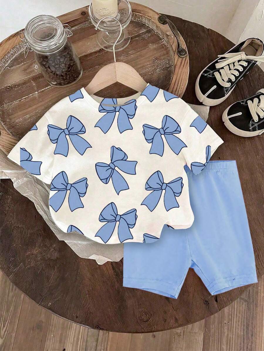 SHEIN Baby Girls' Butterfly Print Round Neck Short Sleeve T-Shirt And Knit Leggings Shorts Cute Set, Blue - Blue - View 1
