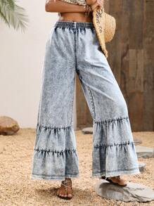 Breezaya 女士休闲松紧腰口袋宽松阔腿牛仔裤